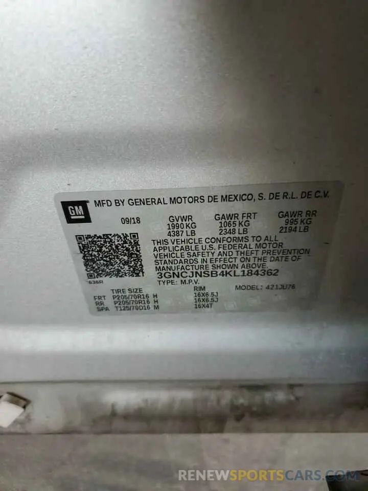 13 Photograph of a damaged car 3GNCJNSB4KL184362 CHEVROLET TRAX 2019