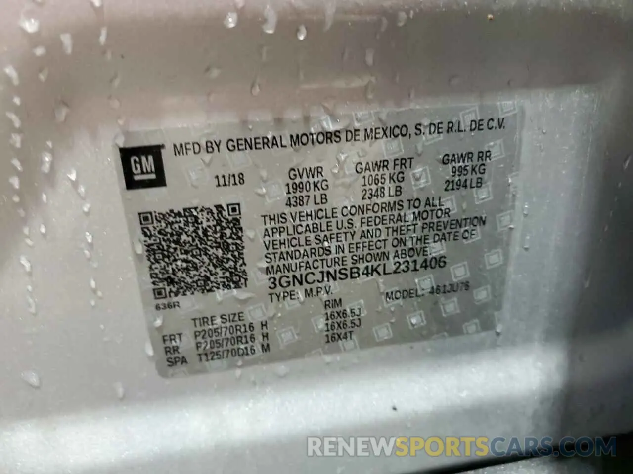 12 Photograph of a damaged car 3GNCJNSB4KL231406 CHEVROLET TRAX 2019
