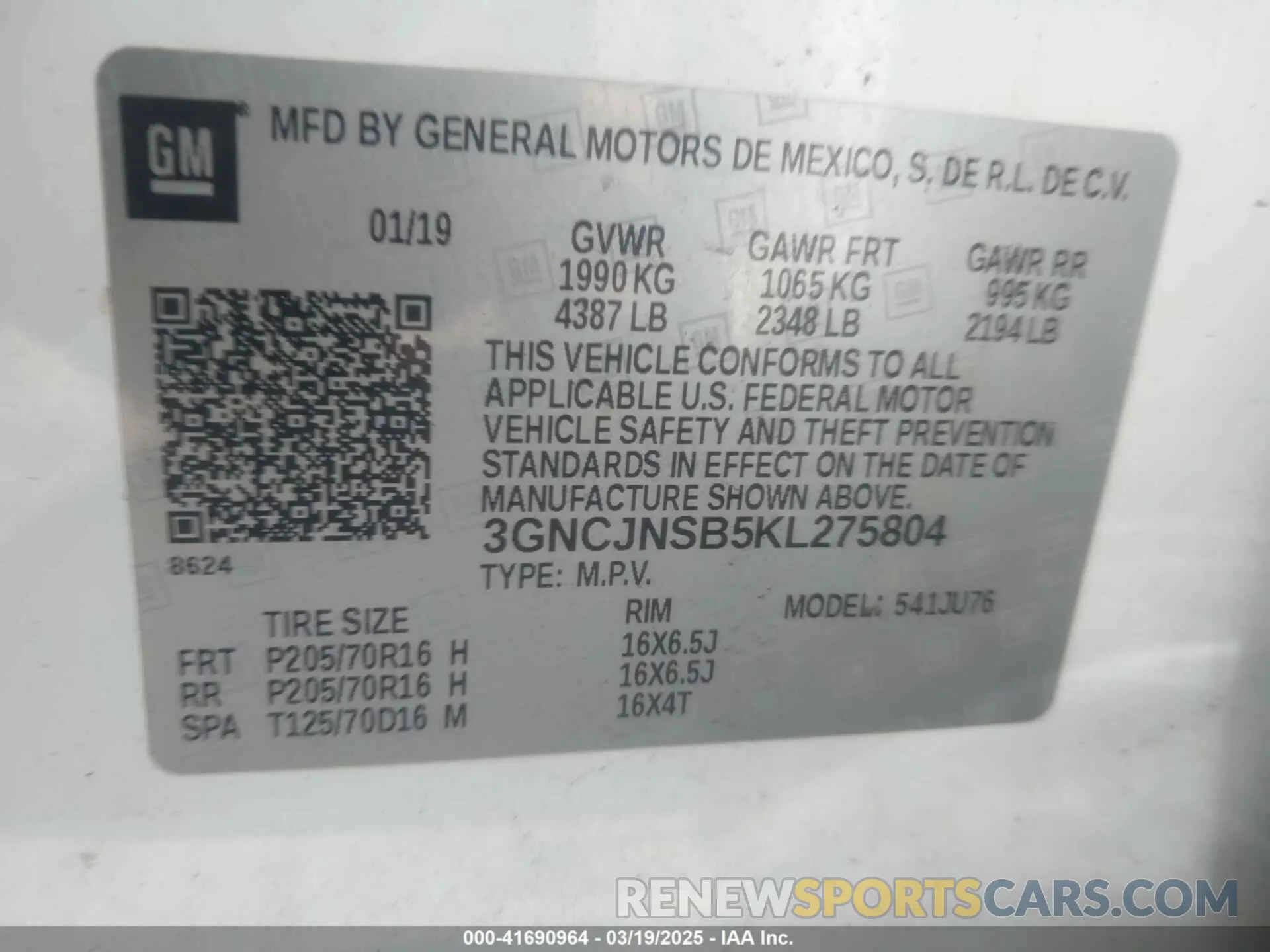 9 Photograph of a damaged car 3GNCJNSB5KL275804 CHEVROLET TRAX 2019
