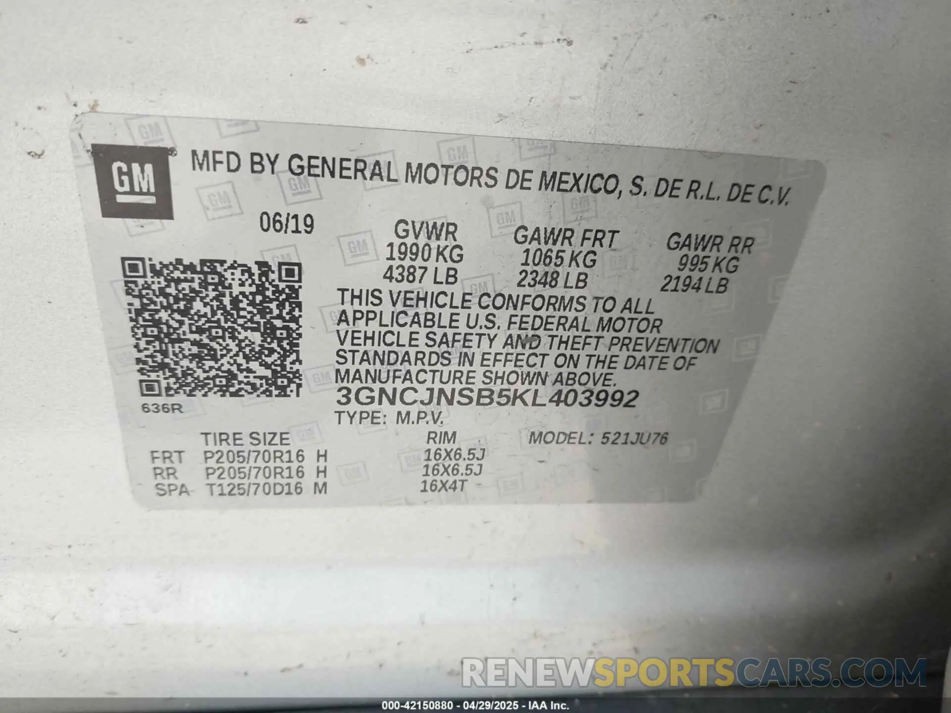 9 Фотография поврежденного автомобиля 3GNCJNSB5KL403992 CHEVROLET TRAX 2019