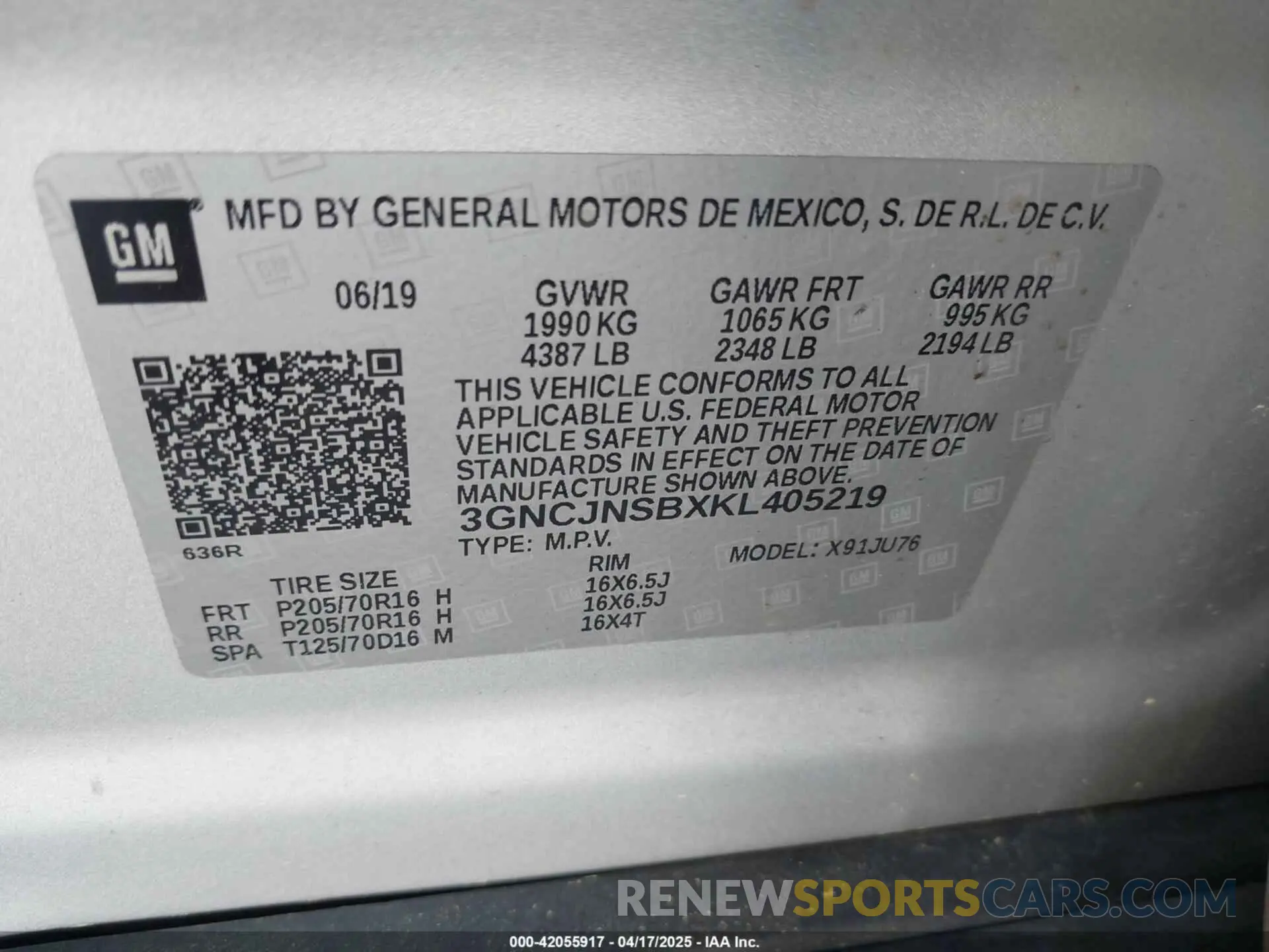 9 Фотография поврежденного автомобиля 3GNCJNSBXKL405219 CHEVROLET TRAX 2019