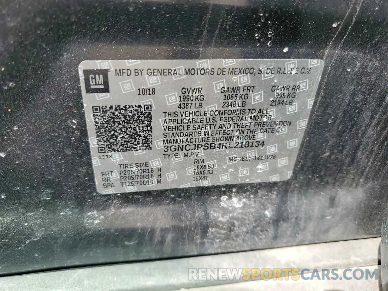 14 Photograph of a damaged car 3GNCJPSB4KL218134 CHEVROLET TRAX 2019