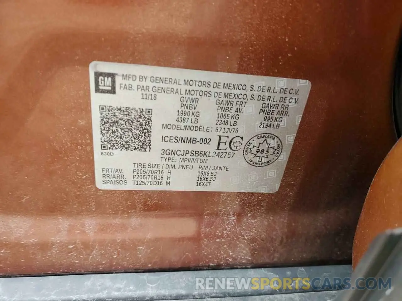 13 Photograph of a damaged car 3GNCJPSB6KL242757 CHEVROLET TRAX 2019