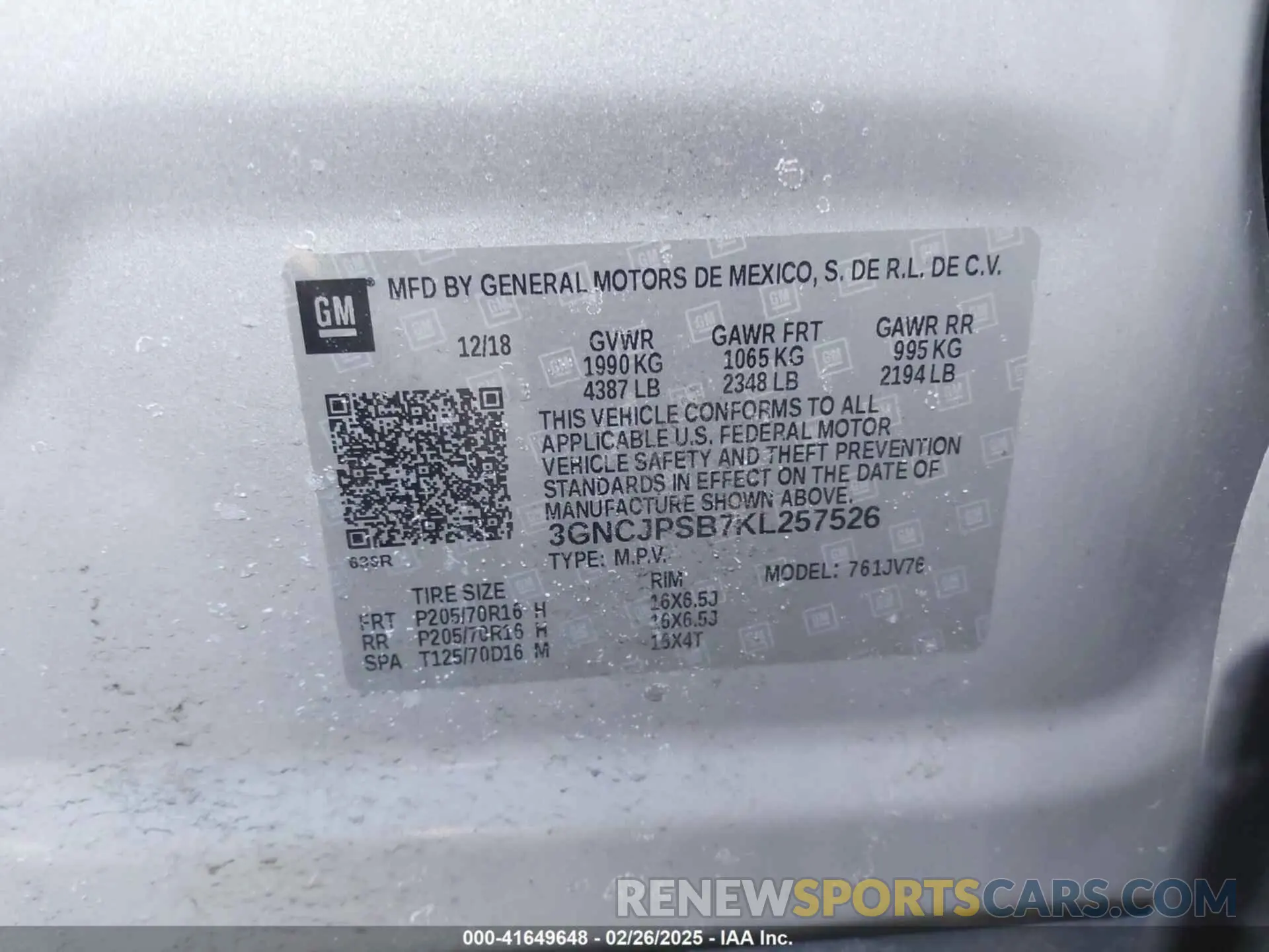 9 Photograph of a damaged car 3GNCJPSB7KL257526 CHEVROLET TRAX 2019