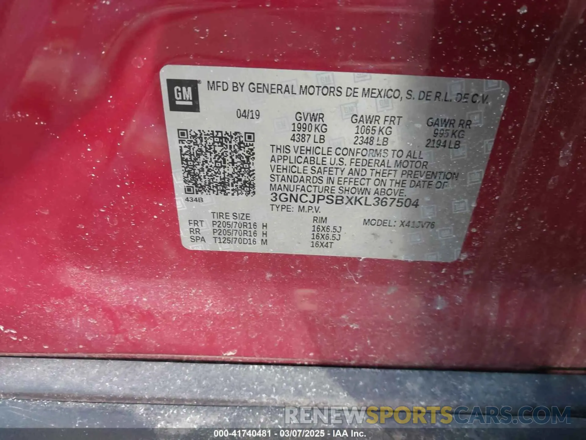 9 Photograph of a damaged car 3GNCJPSBXKL367504 CHEVROLET TRAX 2019