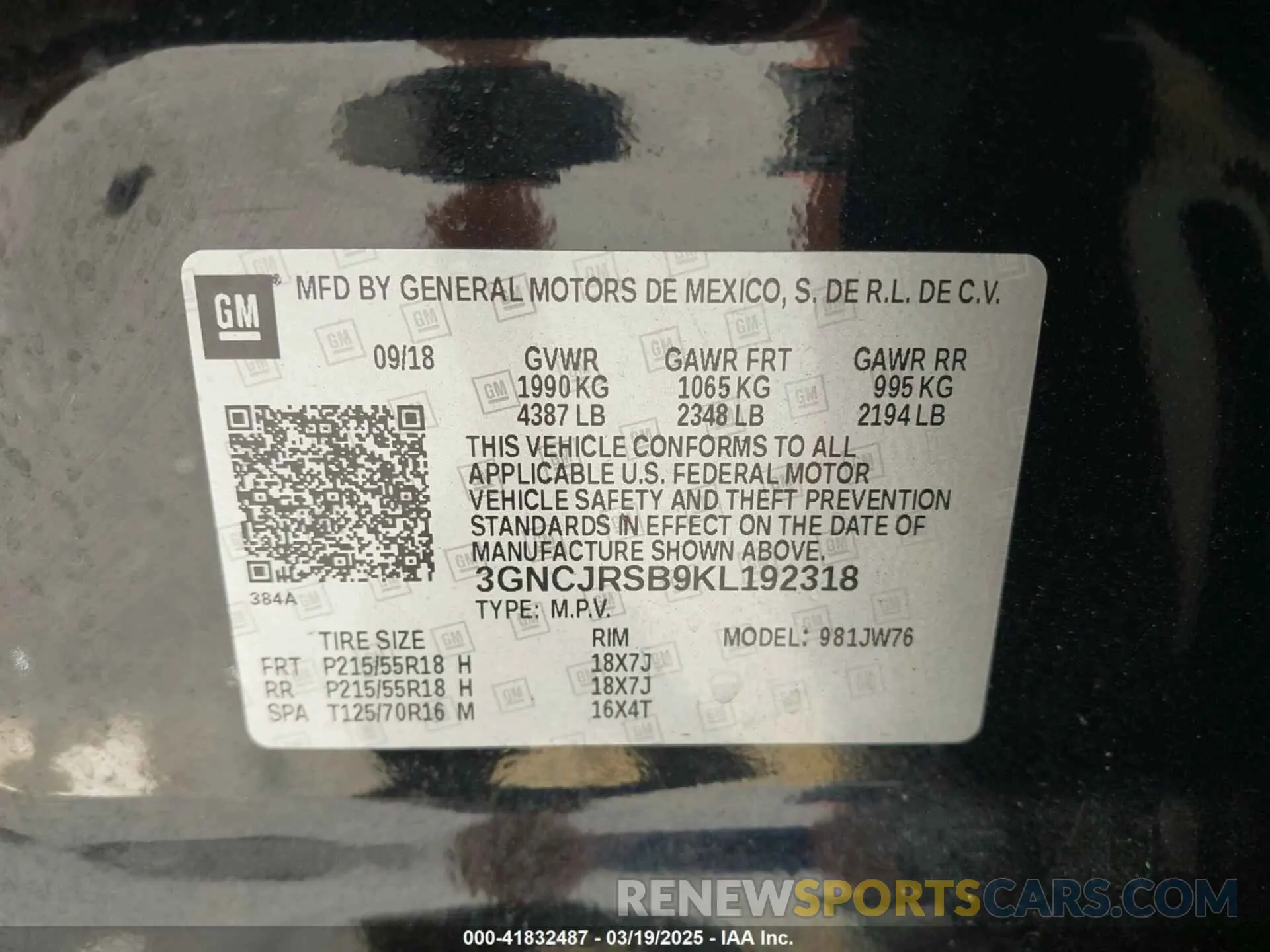 9 Photograph of a damaged car 3GNCJRSB9KL192318 CHEVROLET TRAX 2019