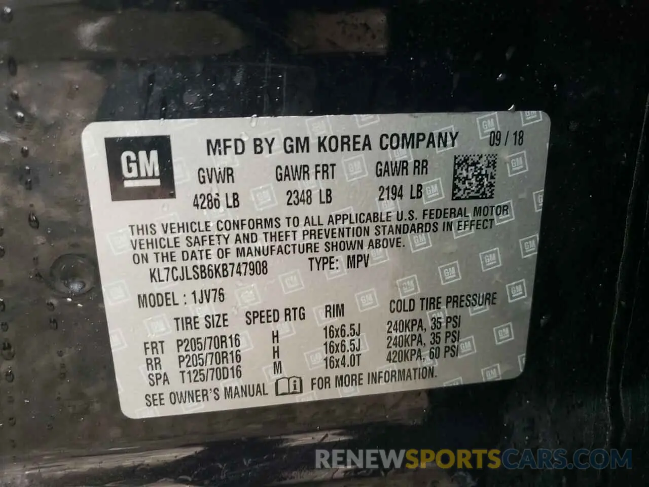 13 Photograph of a damaged car KL7CJLSB6KB747908 CHEVROLET TRAX 2019
