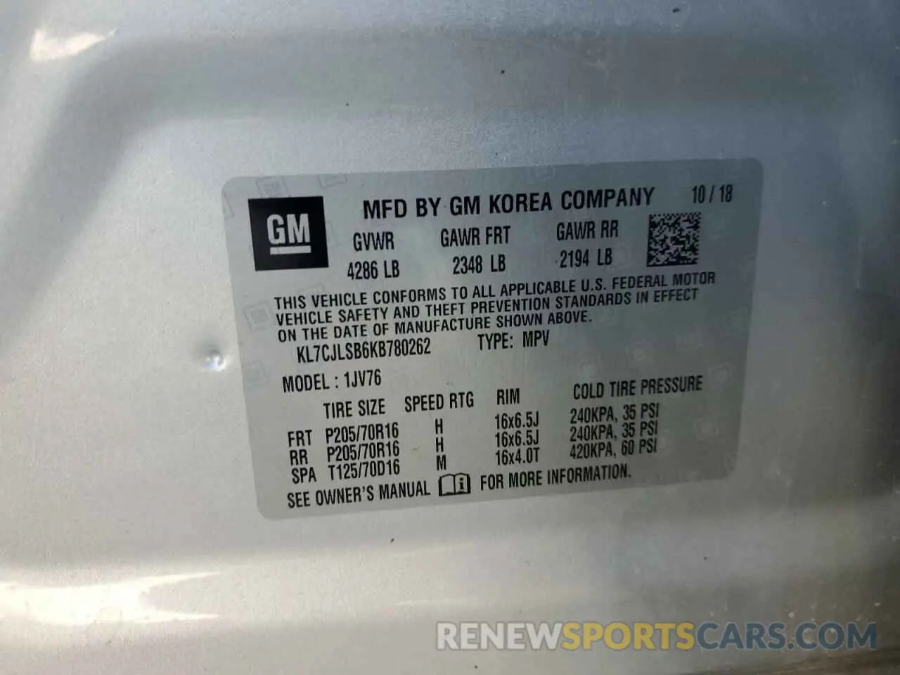 13 Photograph of a damaged car KL7CJLSB6KB780262 CHEVROLET TRAX 2019