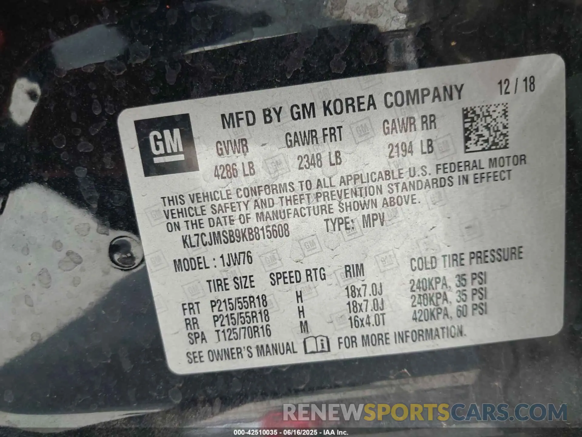 9 Photograph of a damaged car KL7CJMSB9KB815608 CHEVROLET TRAX 2019