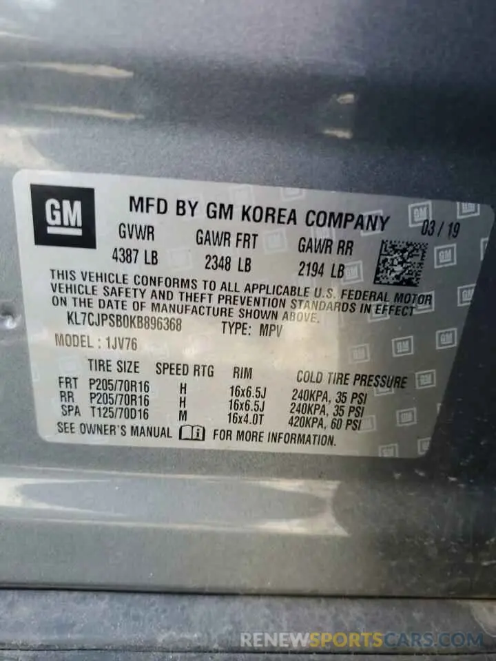 13 Фотография поврежденного автомобиля KL7CJPSB0KB896368 CHEVROLET TRAX 2019