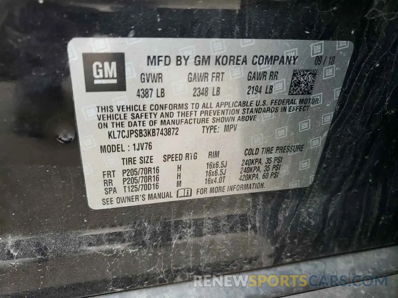 13 Photograph of a damaged car KL7CJPSB3KB743872 CHEVROLET TRAX 2019