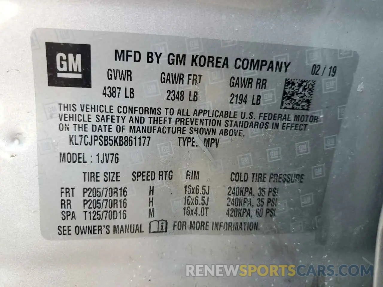 12 Фотография поврежденного автомобиля KL7CJPSB5KB861177 CHEVROLET TRAX 2019