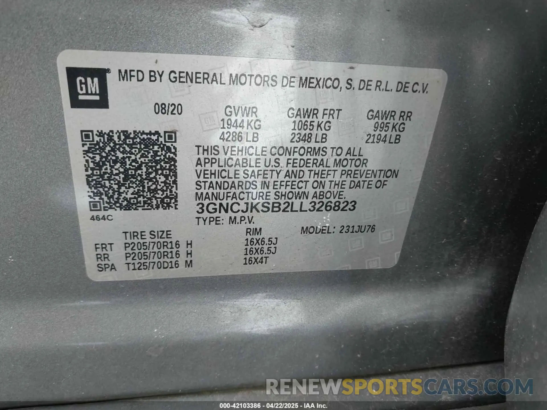 9 Фотография поврежденного автомобиля 3GNCJKSB2LL326823 CHEVROLET TRAX 2020