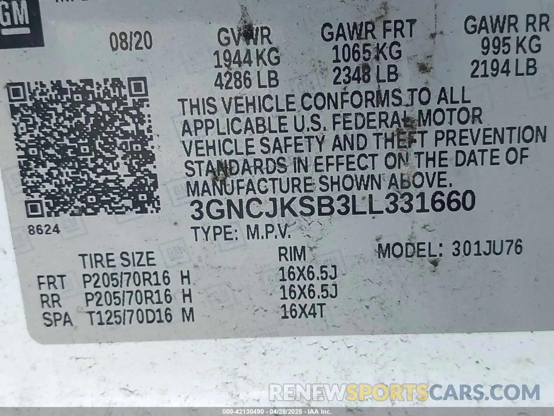 9 Photograph of a damaged car 3GNCJKSB3LL331660 CHEVROLET TRAX 2020