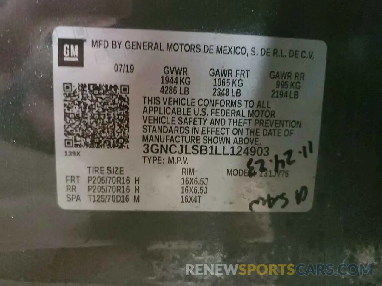 15 Photograph of a damaged car 3GNCJLSB1LL124903 CHEVROLET TRAX 2020