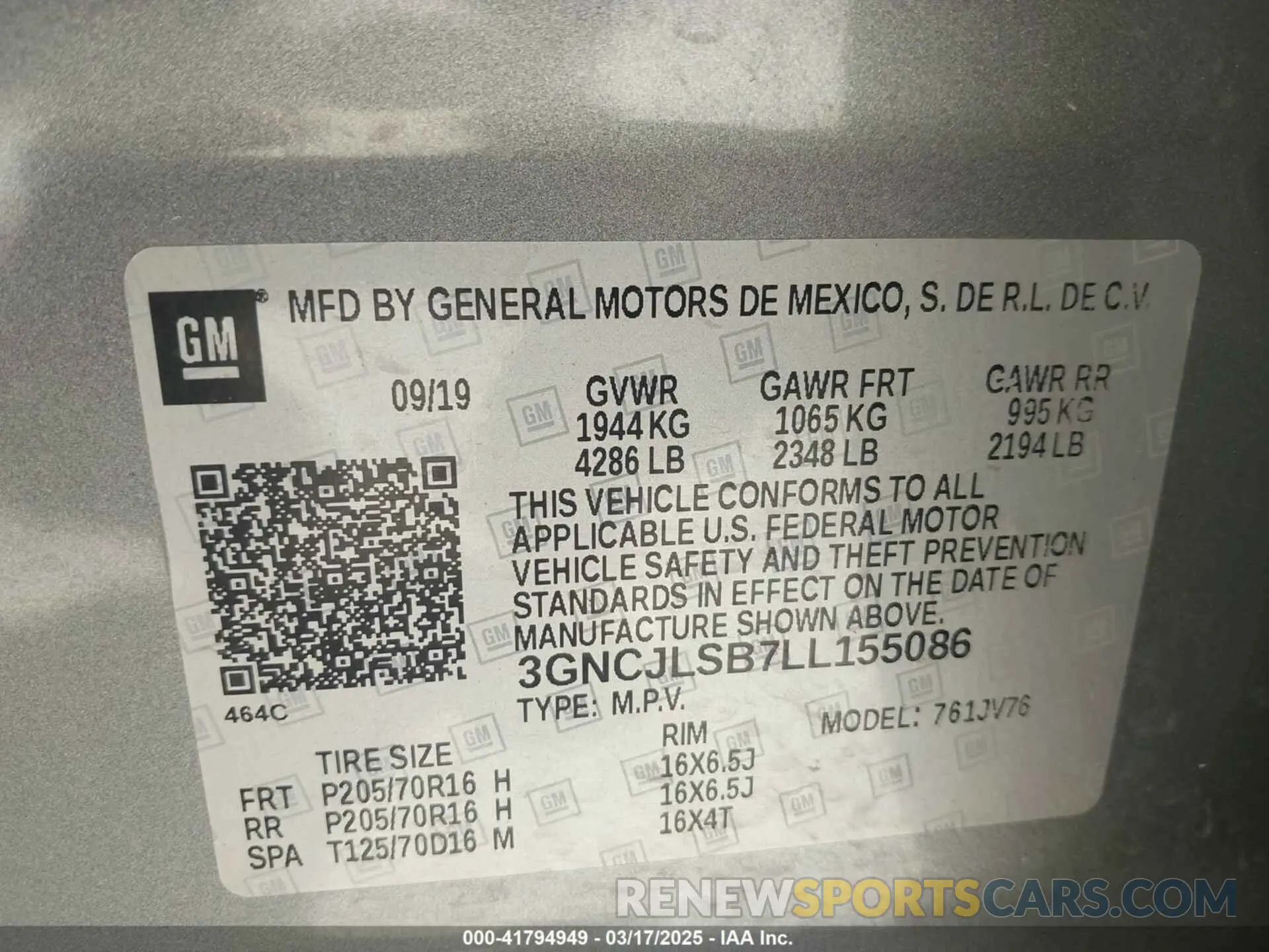 9 Photograph of a damaged car 3GNCJLSB7LL155086 CHEVROLET TRAX 2020