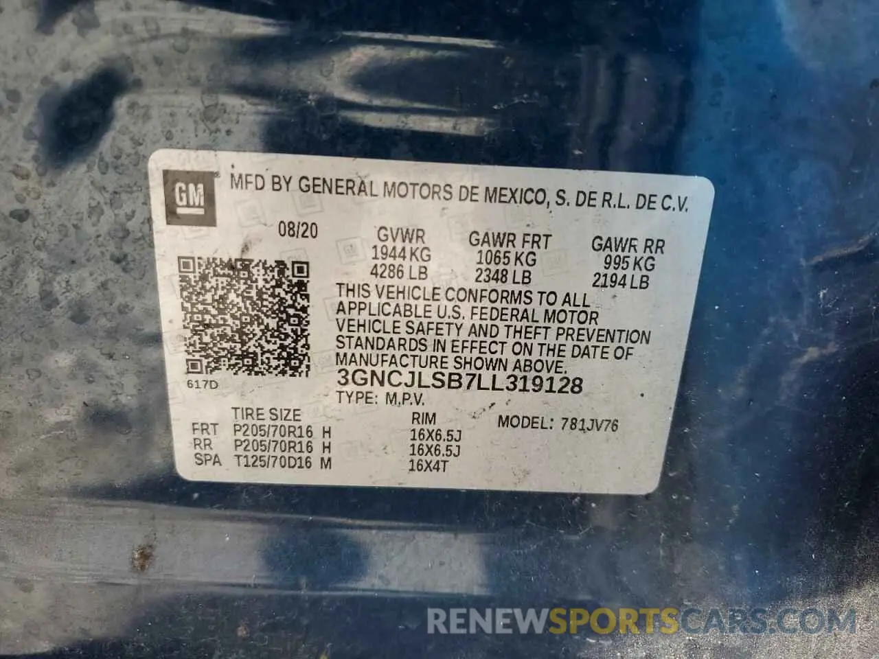 14 Фотография поврежденного автомобиля 3GNCJLSB7LL319128 CHEVROLET TRAX 2020