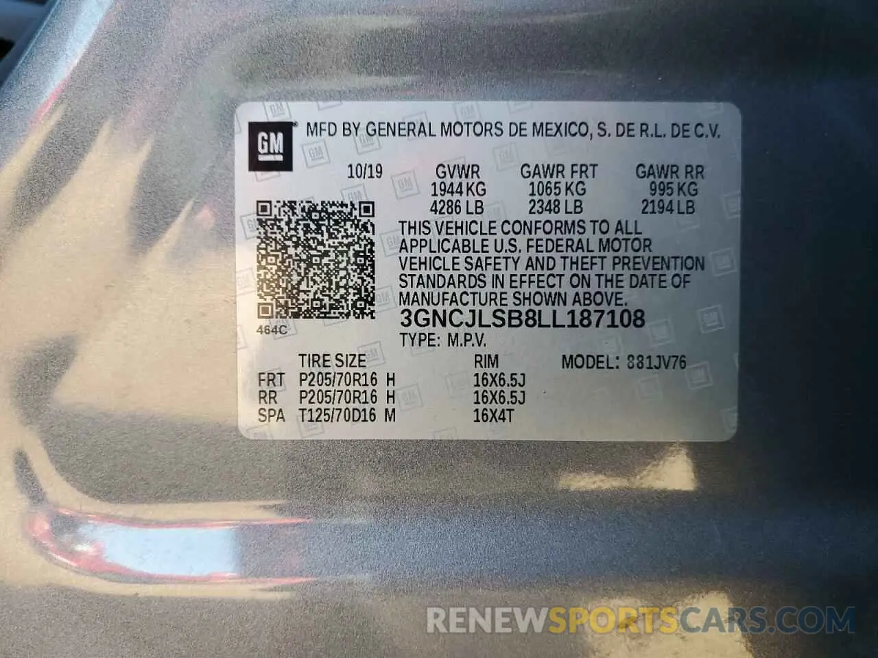 13 Photograph of a damaged car 3GNCJLSB8LL187108 CHEVROLET TRAX 2020