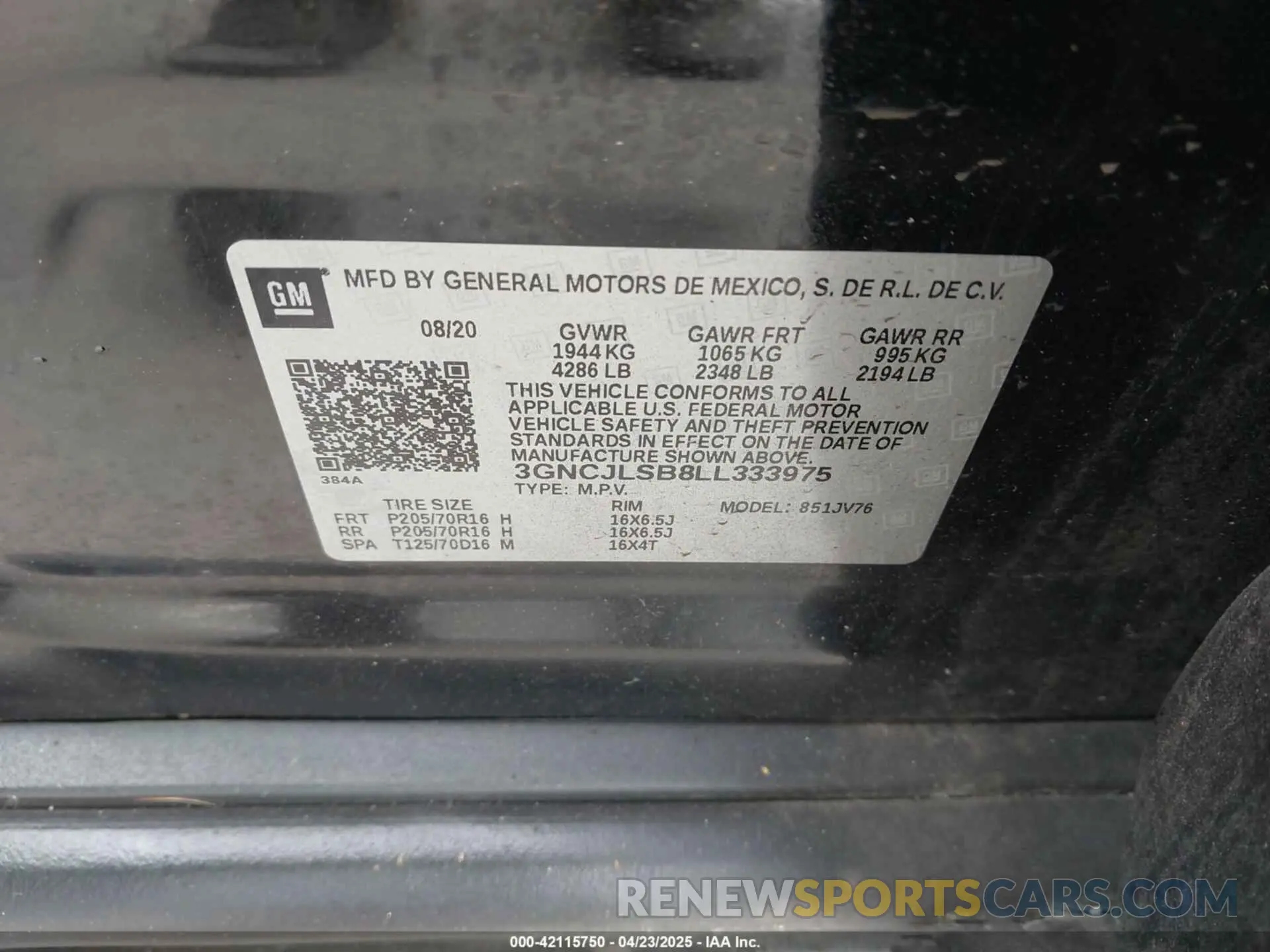 9 Фотография поврежденного автомобиля 3GNCJLSB8LL333975 CHEVROLET TRAX 2020