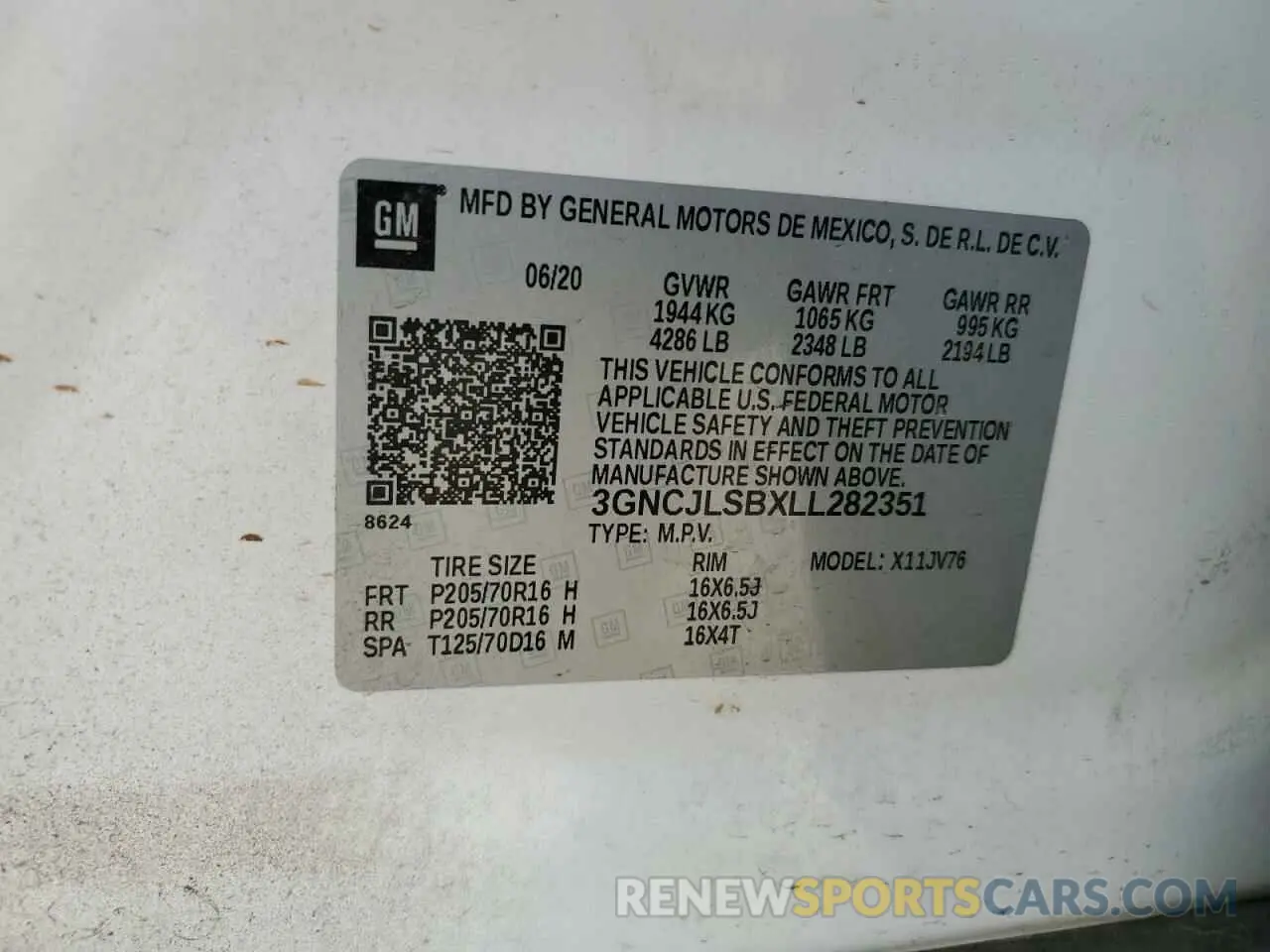 15 Photograph of a damaged car 3GNCJLSBXLL282351 CHEVROLET TRAX 2020