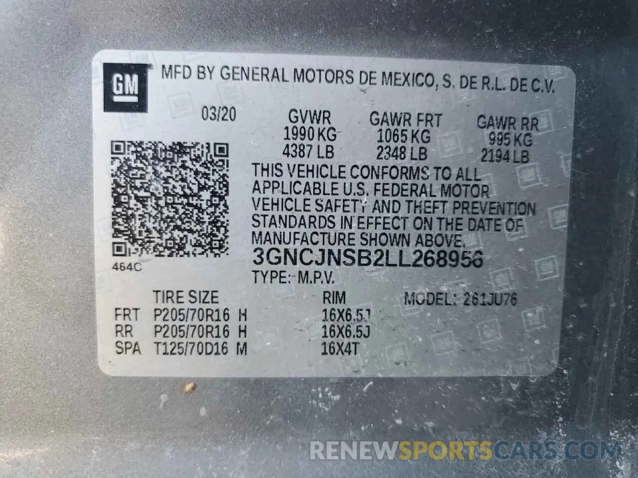 13 Photograph of a damaged car 3GNCJNSB2LL268956 CHEVROLET TRAX 2020