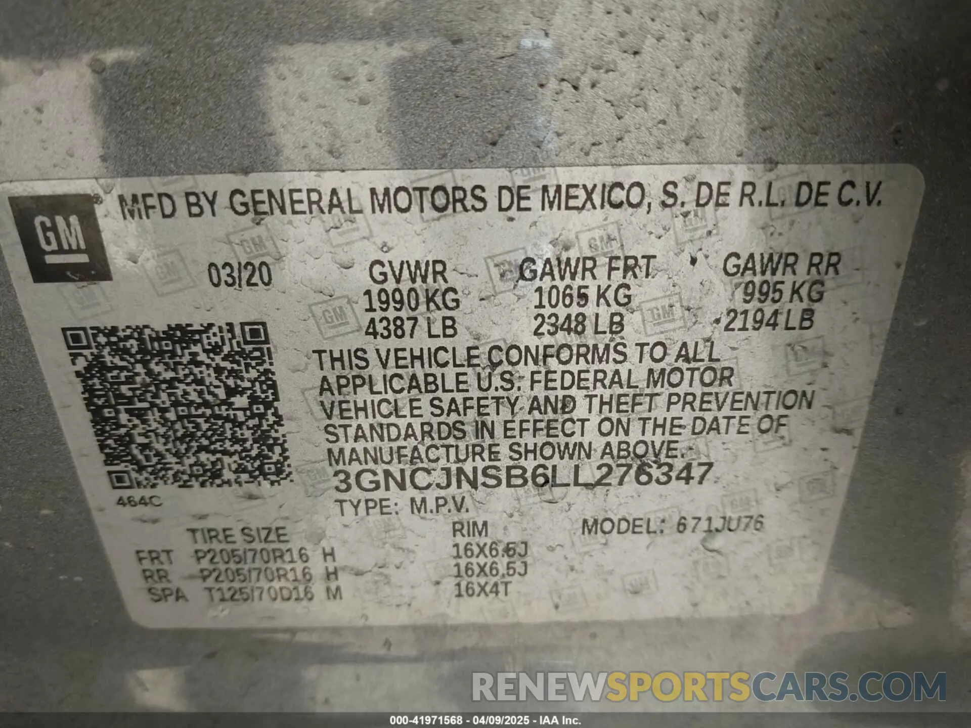 9 Фотография поврежденного автомобиля 3GNCJNSB6LL276347 CHEVROLET TRAX 2020
