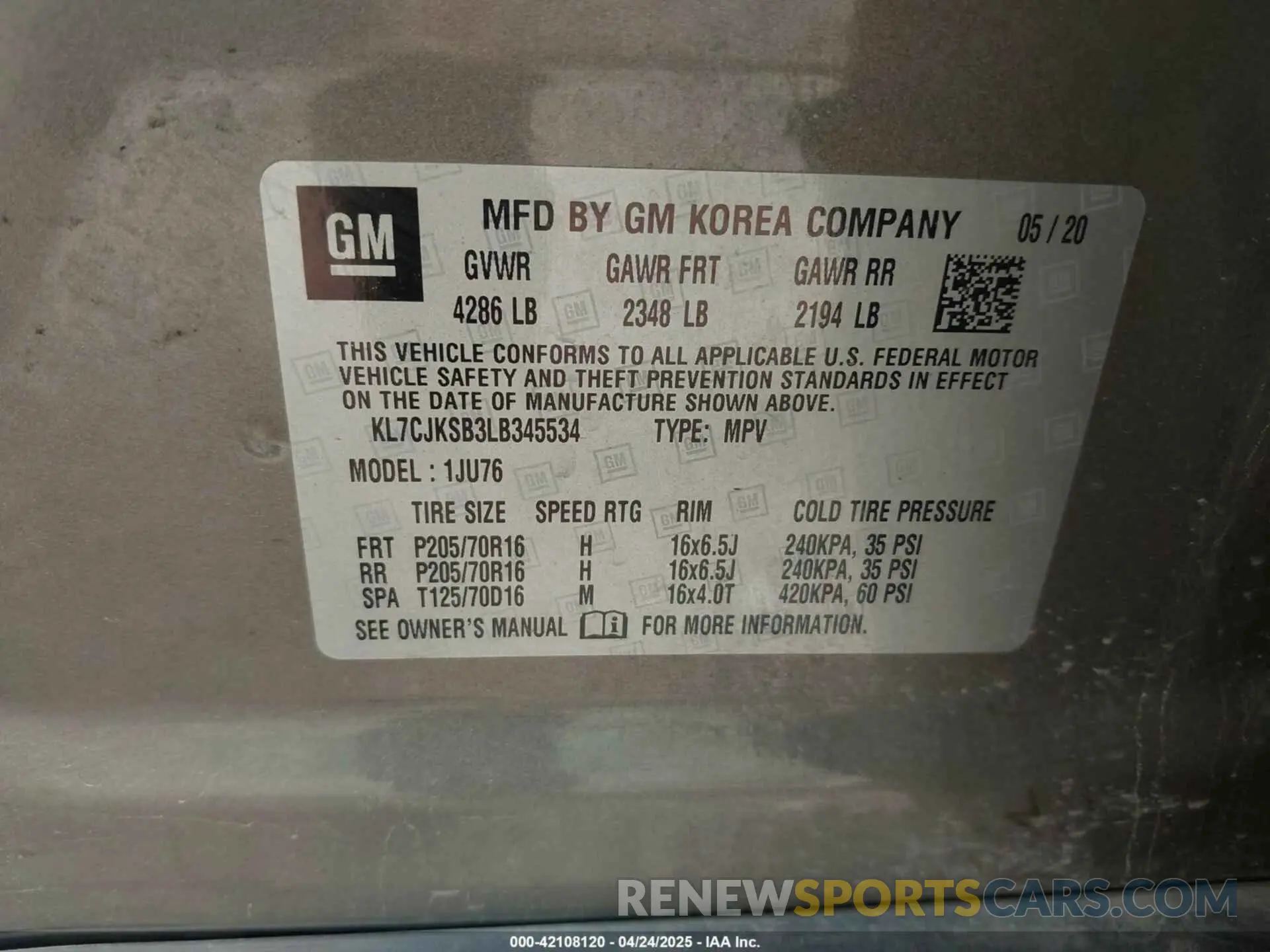 9 Photograph of a damaged car KL7CJKSB3LB345534 CHEVROLET TRAX 2020