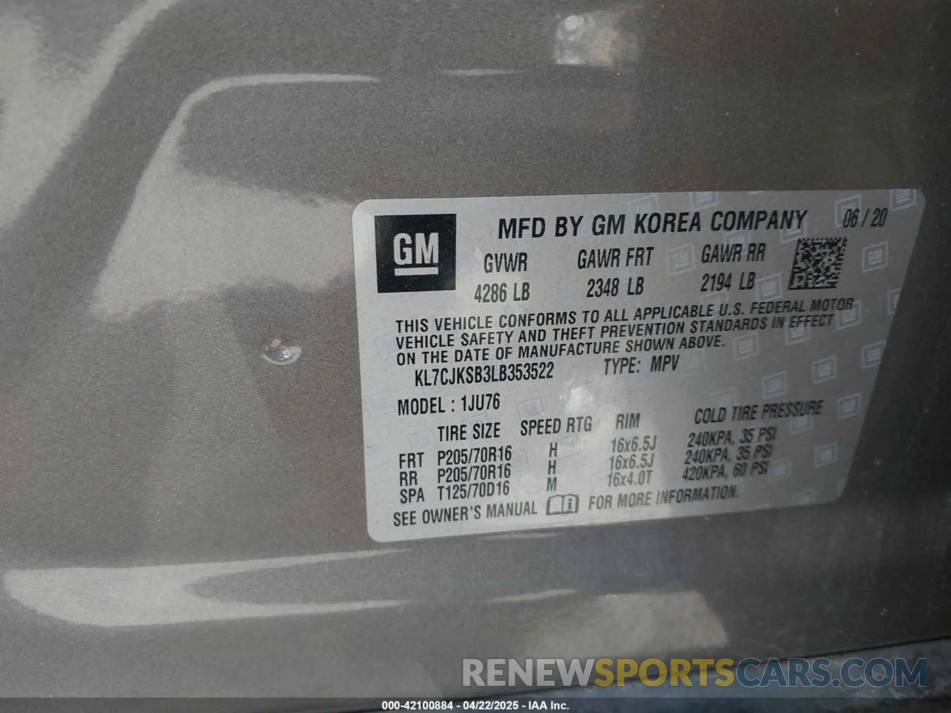 9 Фотография поврежденного автомобиля KL7CJKSB3LB353522 CHEVROLET TRAX 2020