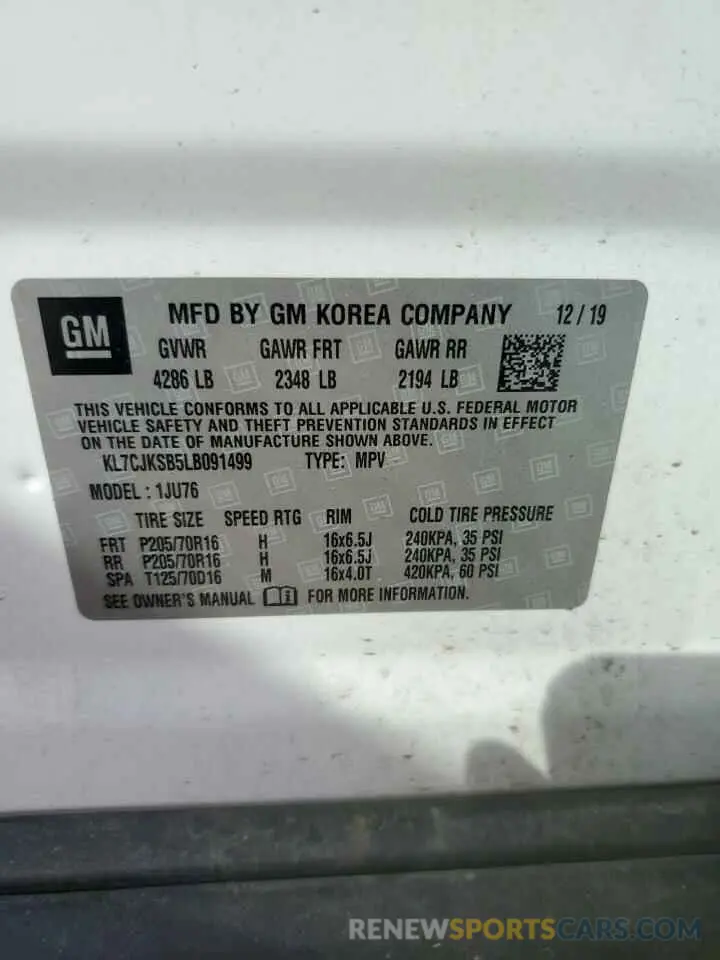 15 Фотография поврежденного автомобиля KL7CJKSB5LB091499 CHEVROLET TRAX 2020