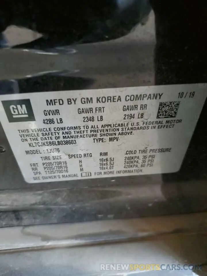 14 Фотография поврежденного автомобиля KL7CJKSB6LB038603 CHEVROLET TRAX 2020