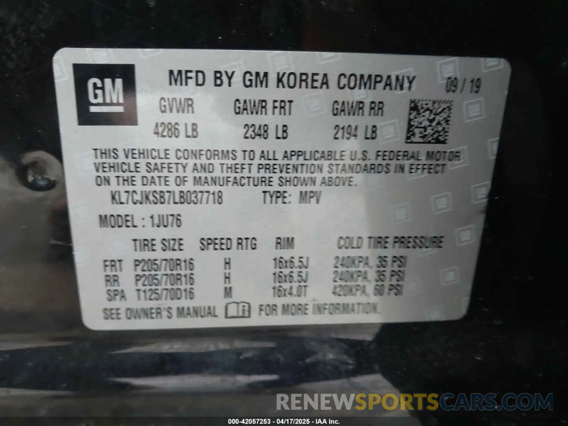 9 Фотография поврежденного автомобиля KL7CJKSB7LB037718 CHEVROLET TRAX 2020