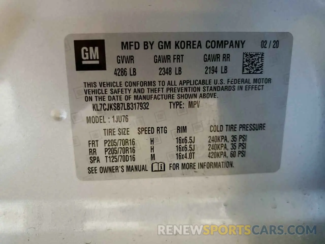 14 Photograph of a damaged car KL7CJKSB7LB317932 CHEVROLET TRAX 2020