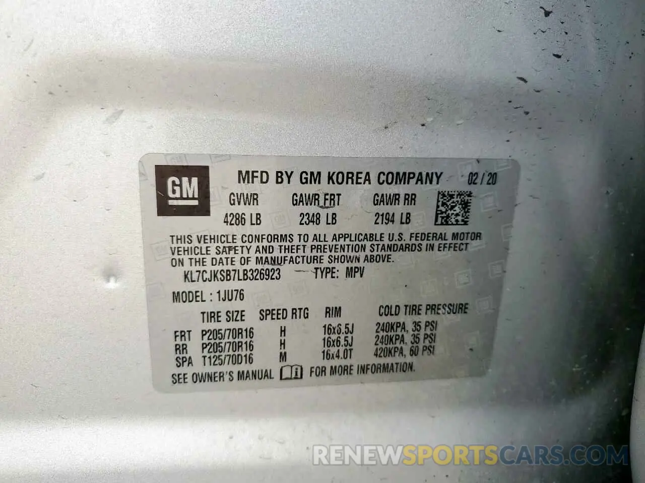 13 Photograph of a damaged car KL7CJKSB7LB326923 CHEVROLET TRAX 2020