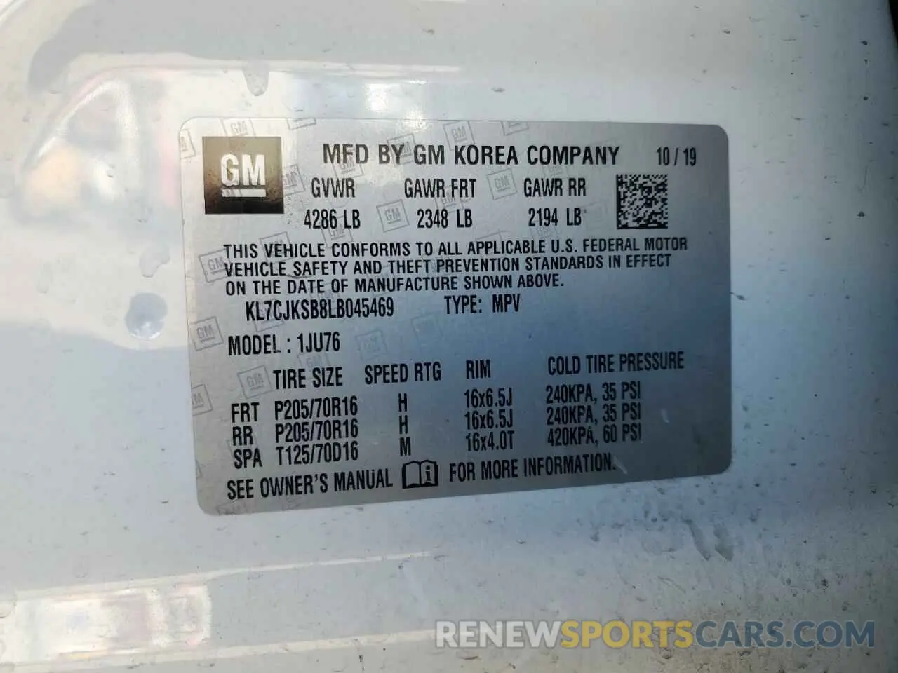 12 Photograph of a damaged car KL7CJKSB8LB045469 CHEVROLET TRAX 2020
