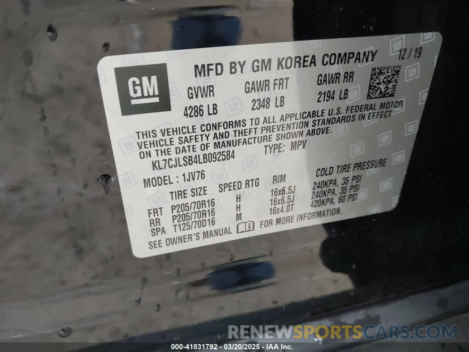 9 Фотография поврежденного автомобиля KL7CJLSB4LB092584 CHEVROLET TRAX 2020