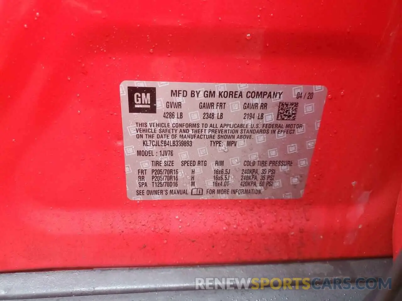 13 Photograph of a damaged car KL7CJLSB4LB339893 CHEVROLET TRAX 2020