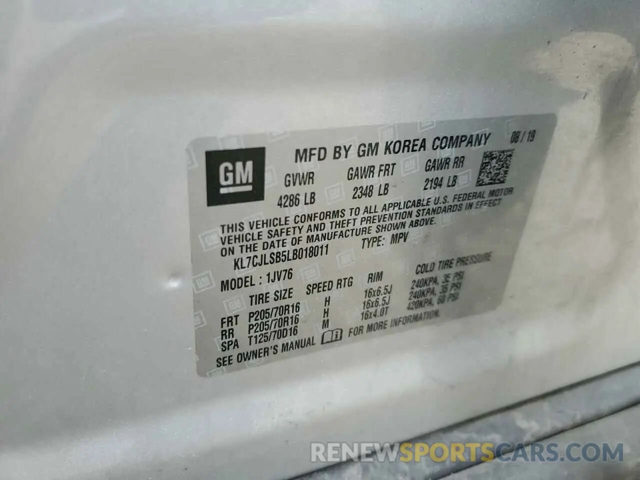 13 Photograph of a damaged car KL7CJLSB5LB018011 CHEVROLET TRAX 2020