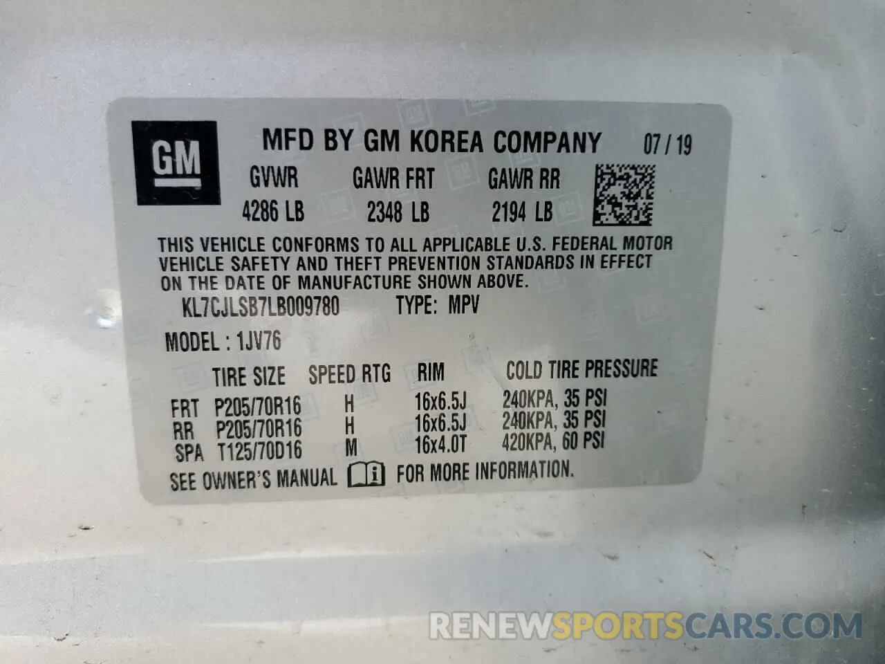 13 Фотография поврежденного автомобиля KL7CJLSB7LB009780 CHEVROLET TRAX 2020