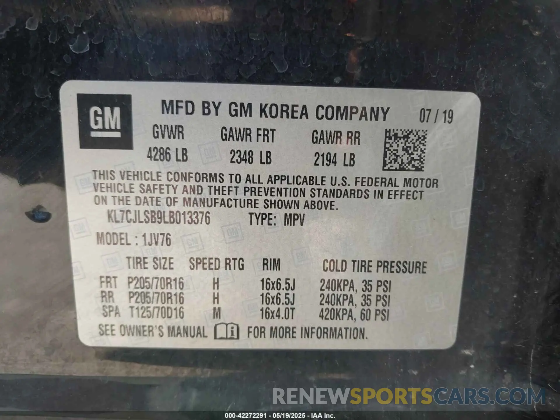 9 Фотография поврежденного автомобиля KL7CJLSB9LB013376 CHEVROLET TRAX 2020
