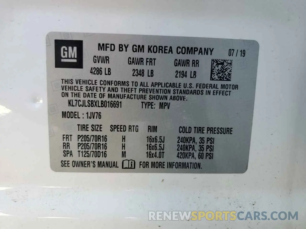 13 Фотография поврежденного автомобиля KL7CJLSBXLB016691 CHEVROLET TRAX 2020
