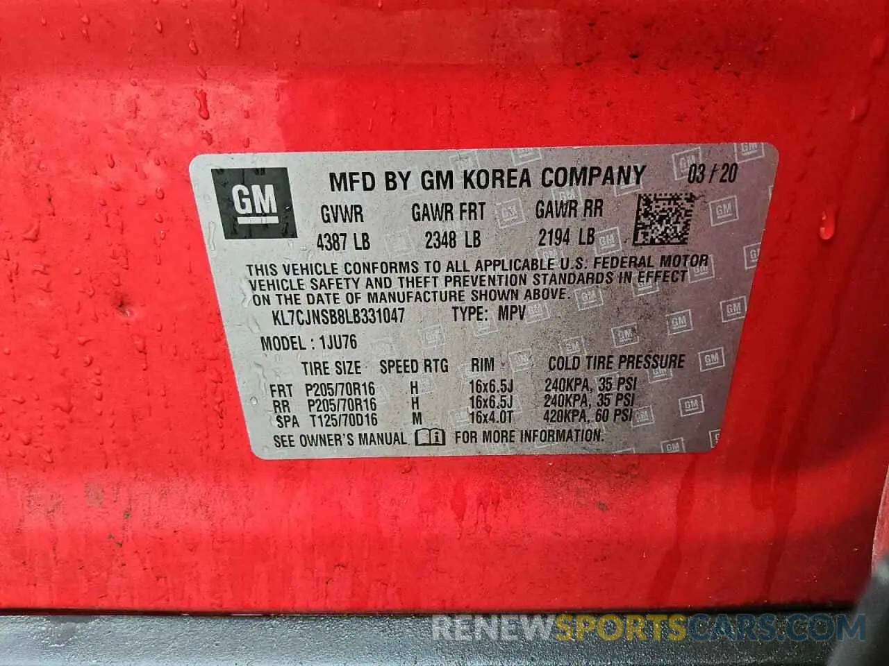 13 Photograph of a damaged car KL7CJNSB8LB331047 CHEVROLET TRAX 2020