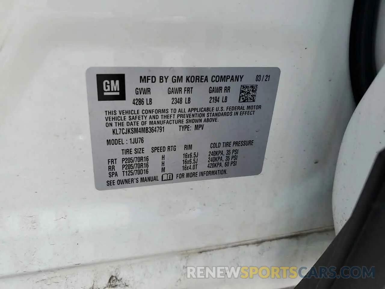 12 Фотография поврежденного автомобиля KL7CJKSM4MB364791 CHEVROLET TRAX 2021