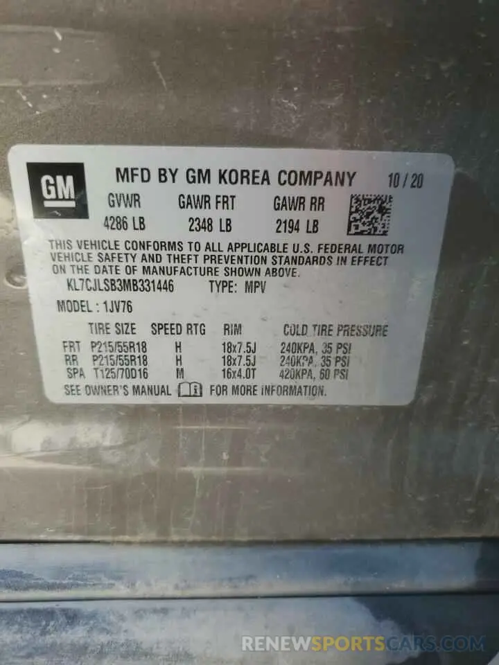 12 Фотография поврежденного автомобиля KL7CJLSB3MB331446 CHEVROLET TRAX 2021