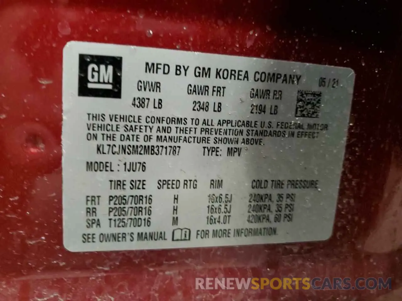 14 Photograph of a damaged car KL7CJNSM2MB371787 CHEVROLET TRAX 2021