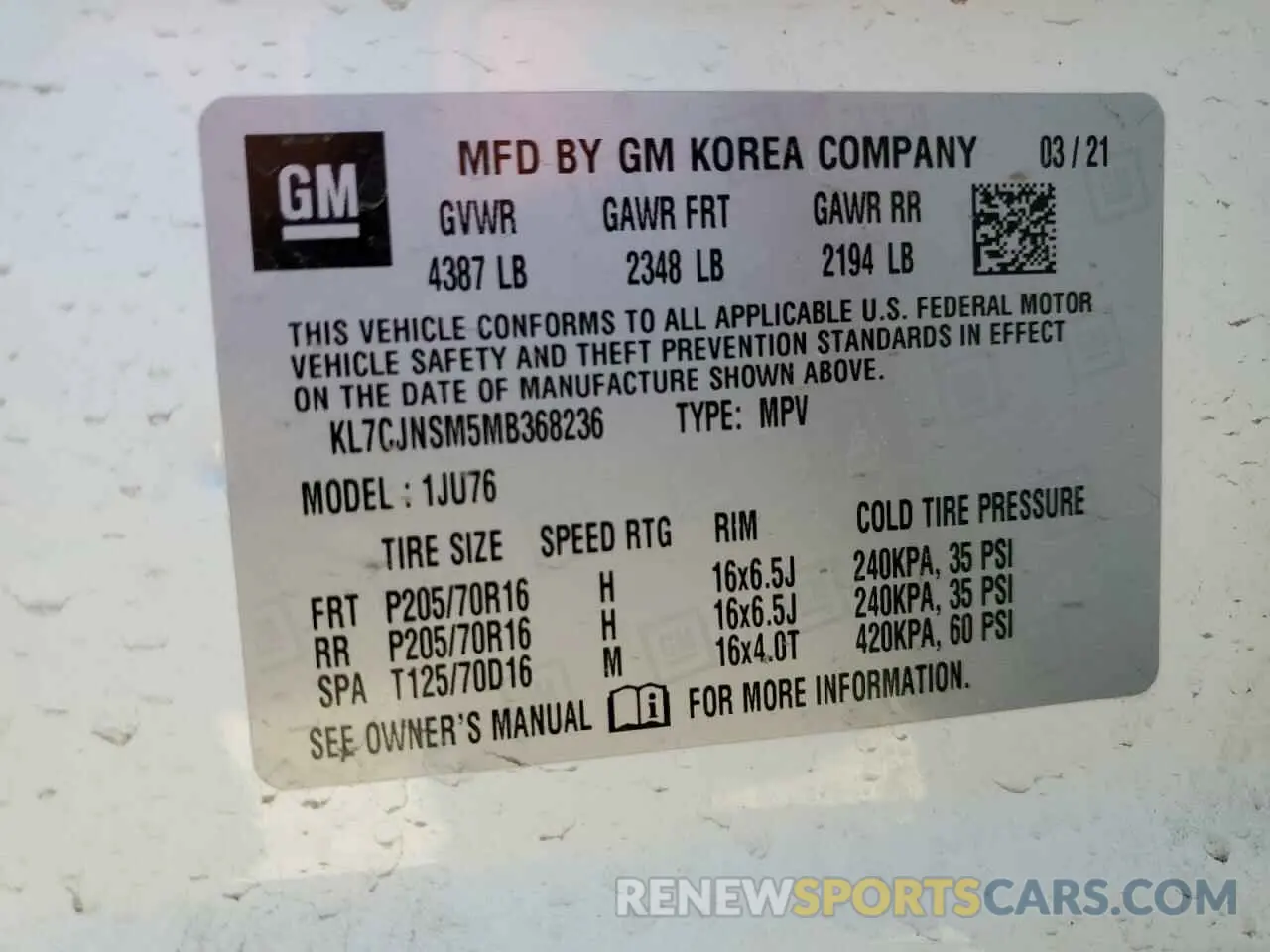 15 Фотография поврежденного автомобиля KL7CJNSM5MB368236 CHEVROLET TRAX 2021