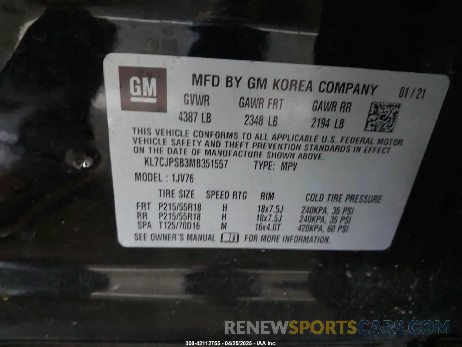 9 Фотография поврежденного автомобиля KL7CJPSB3MB351557 CHEVROLET TRAX 2021