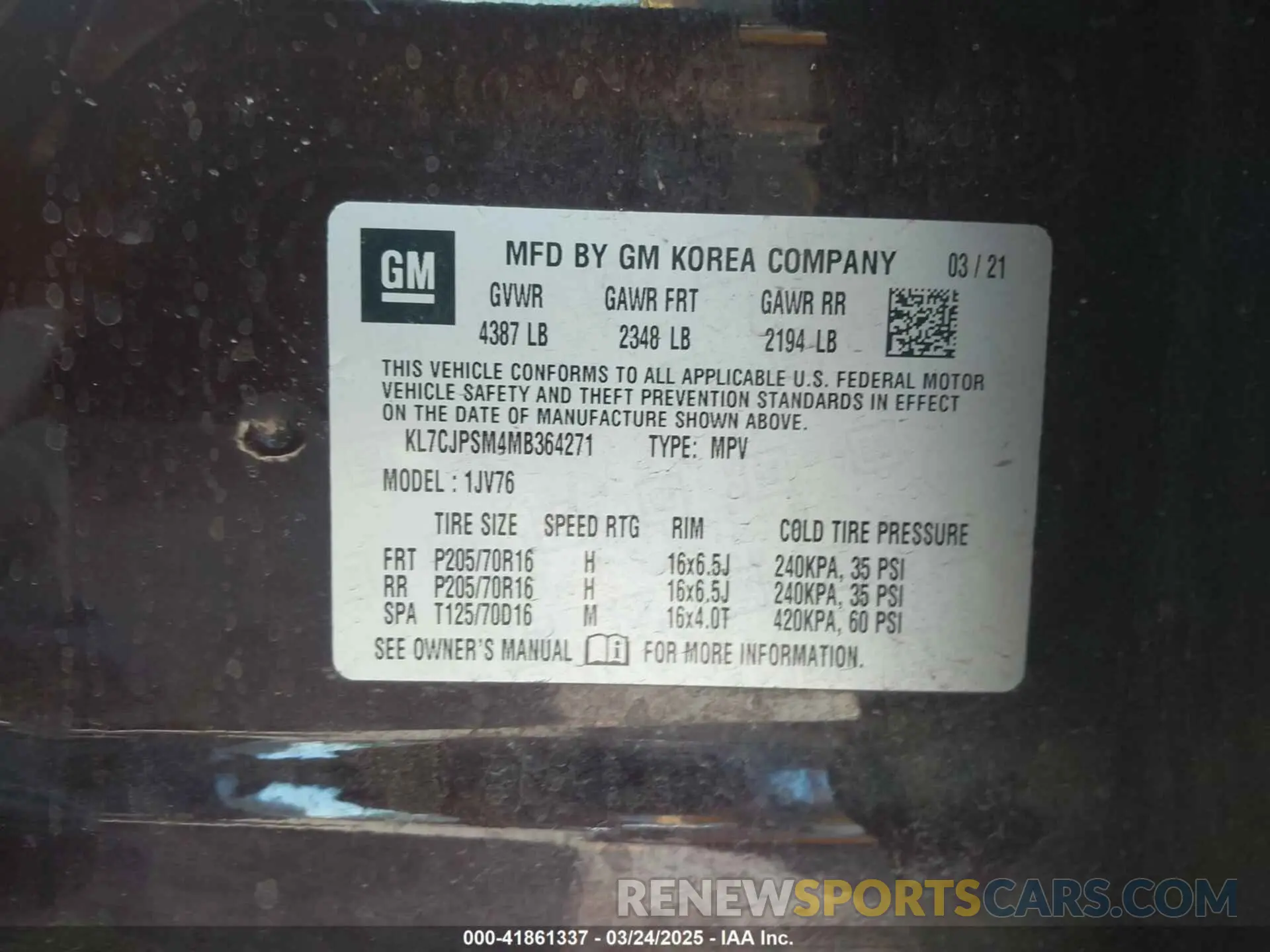 9 Фотография поврежденного автомобиля KL7CJPSM4MB364271 CHEVROLET TRAX 2021