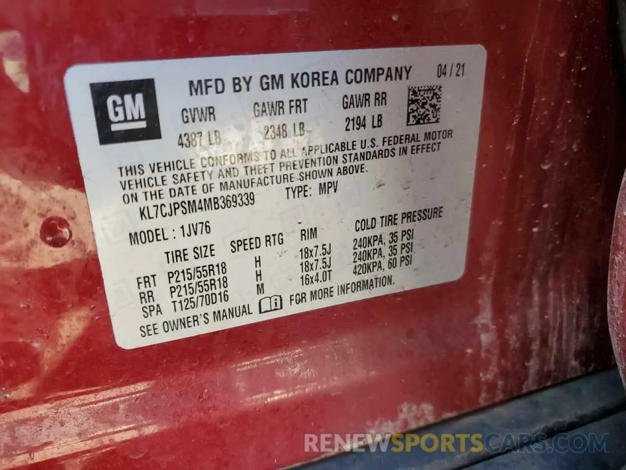 13 Photograph of a damaged car KL7CJPSM4MB369339 CHEVROLET TRAX 2021