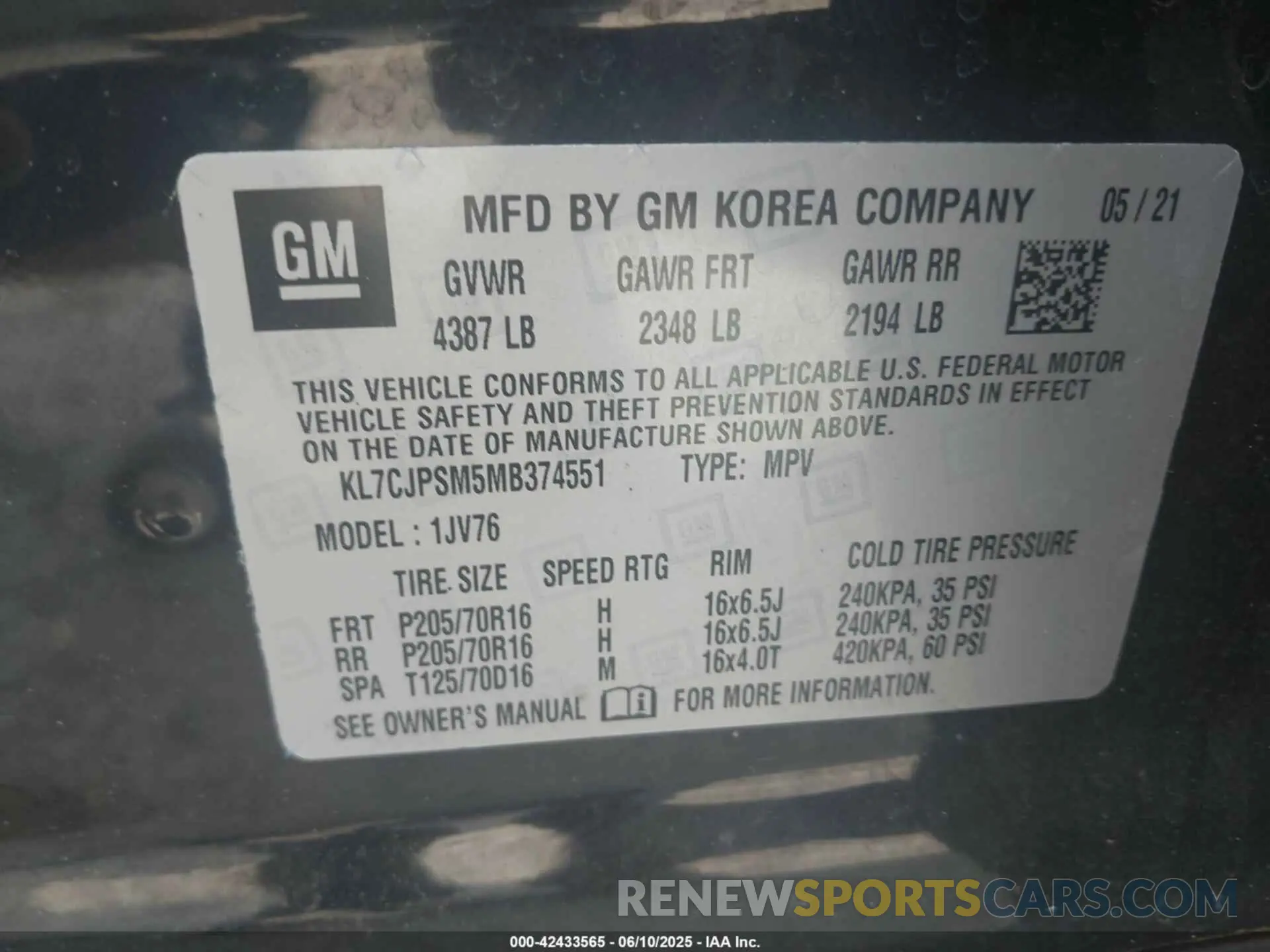 9 Фотография поврежденного автомобиля KL7CJPSM5MB374551 CHEVROLET TRAX 2021