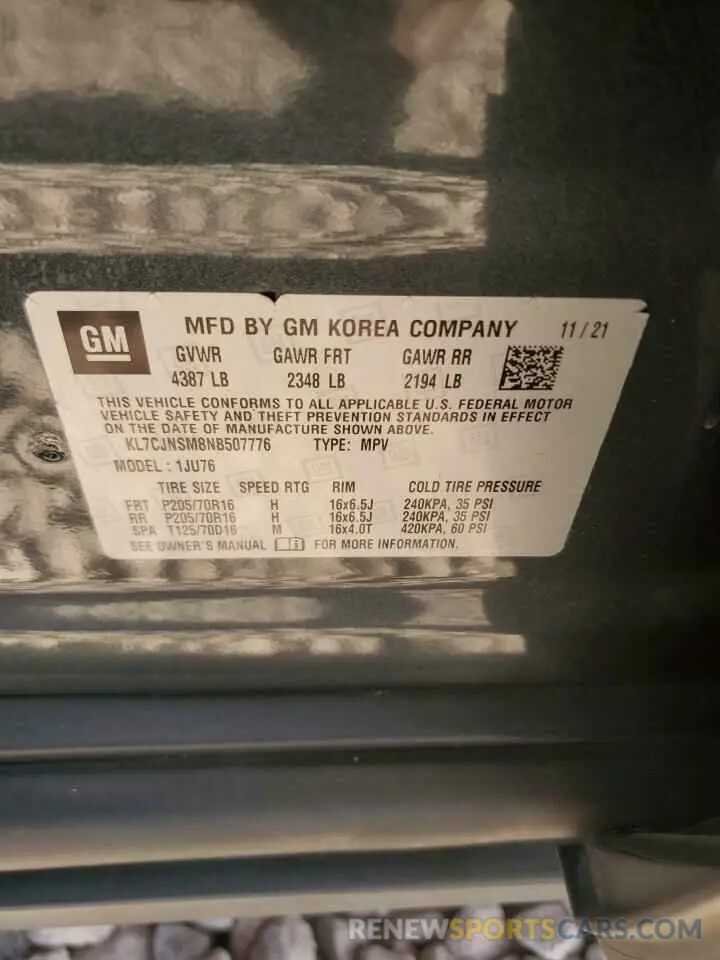 12 Фотография поврежденного автомобиля KL7CJNSM8NB507776 CHEVROLET TRAX 2022